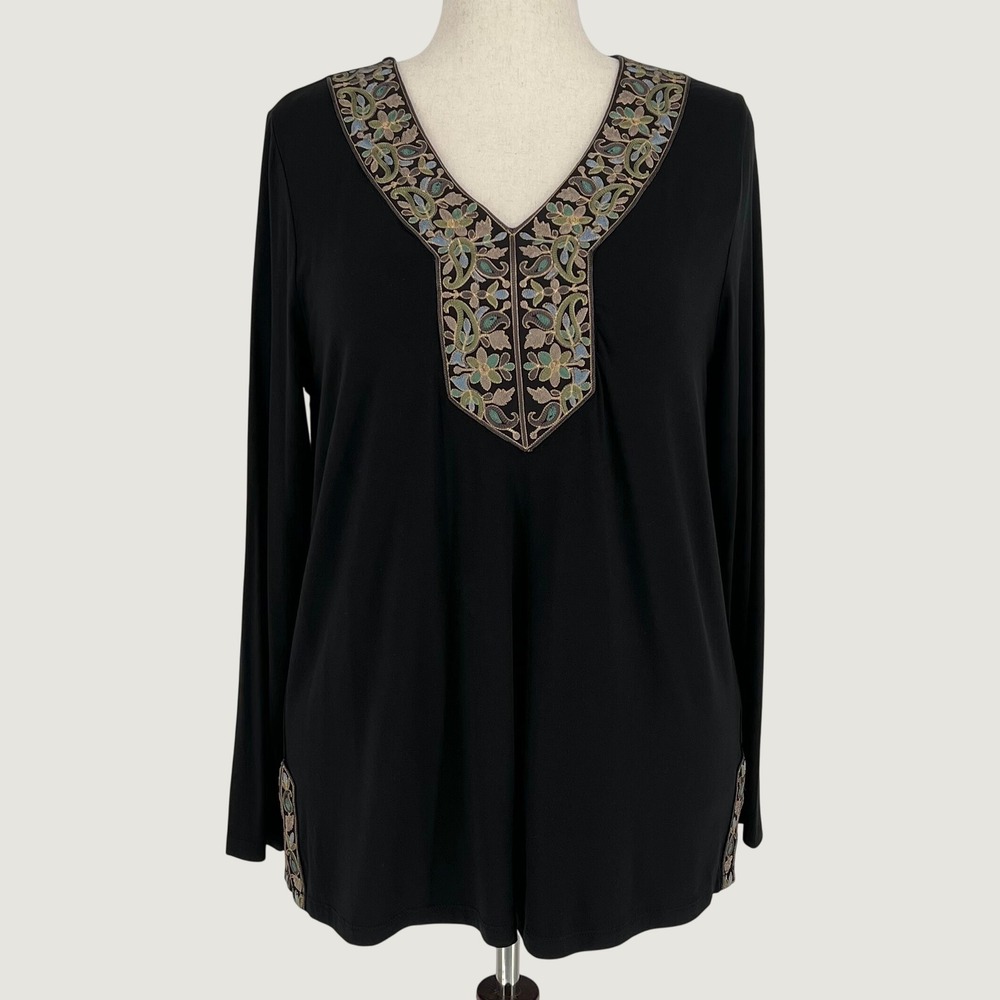 Soft Surroundings Womens Embroidered V Neck Long Sleeve Tunic Top Size L Black